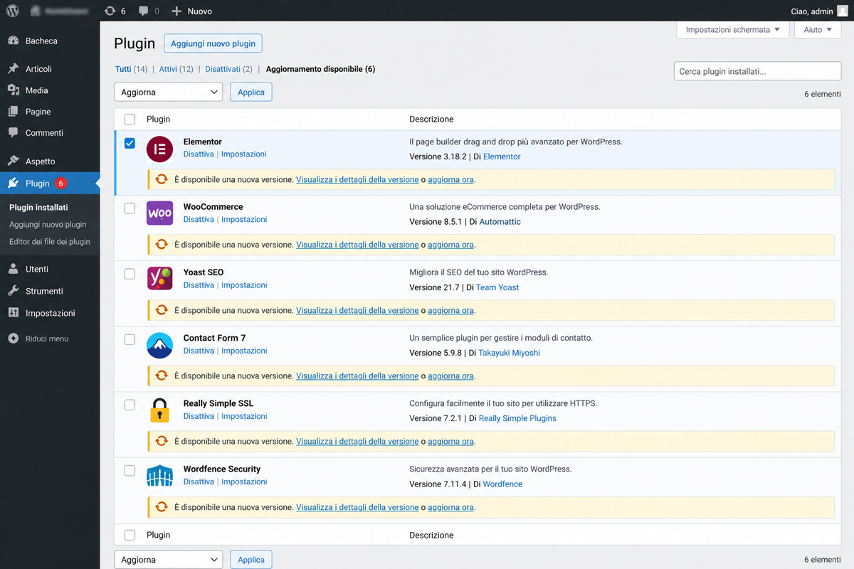 Aggiornamento plugin WordPress uno alla volta dalla schermata Plugin