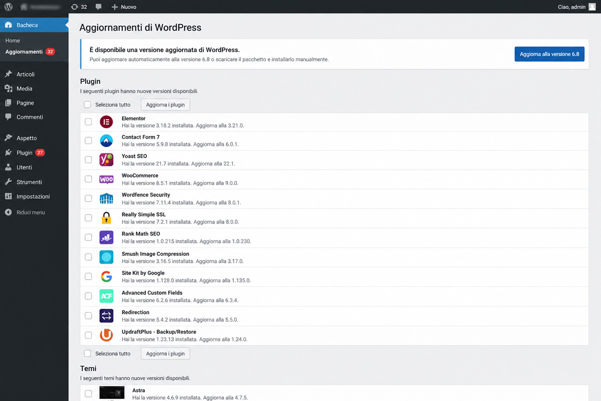 Aggiornare WordPress dalla bacheca, schermata degli aggiornamenti disponibili